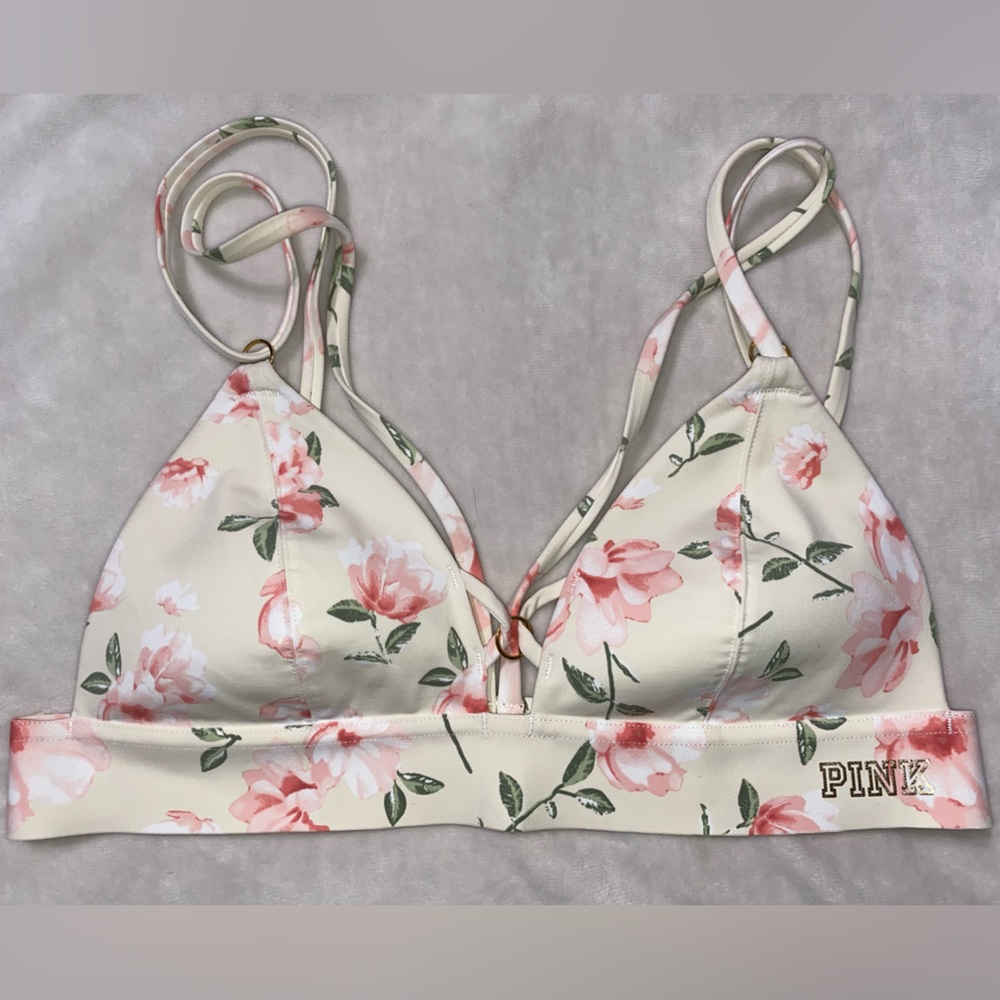 Victoria’s Secret PINK Small Bonded White Floral Strappy Back Triangle Bralette.
